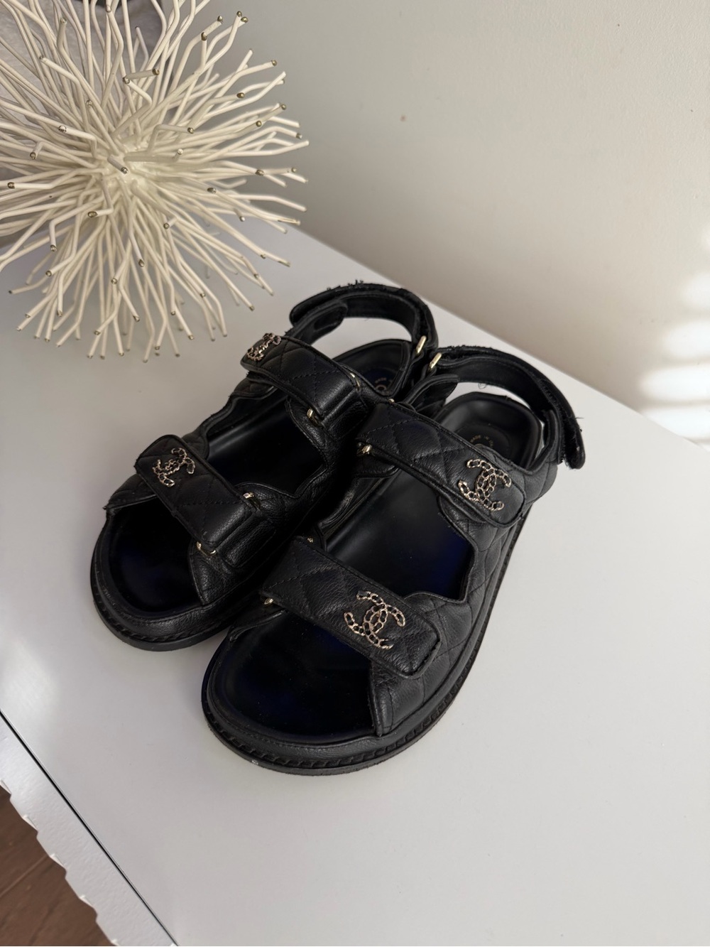 CHANEL Dad sandals Black  Leather Double-Strap Velcro Sandals with Gold CC